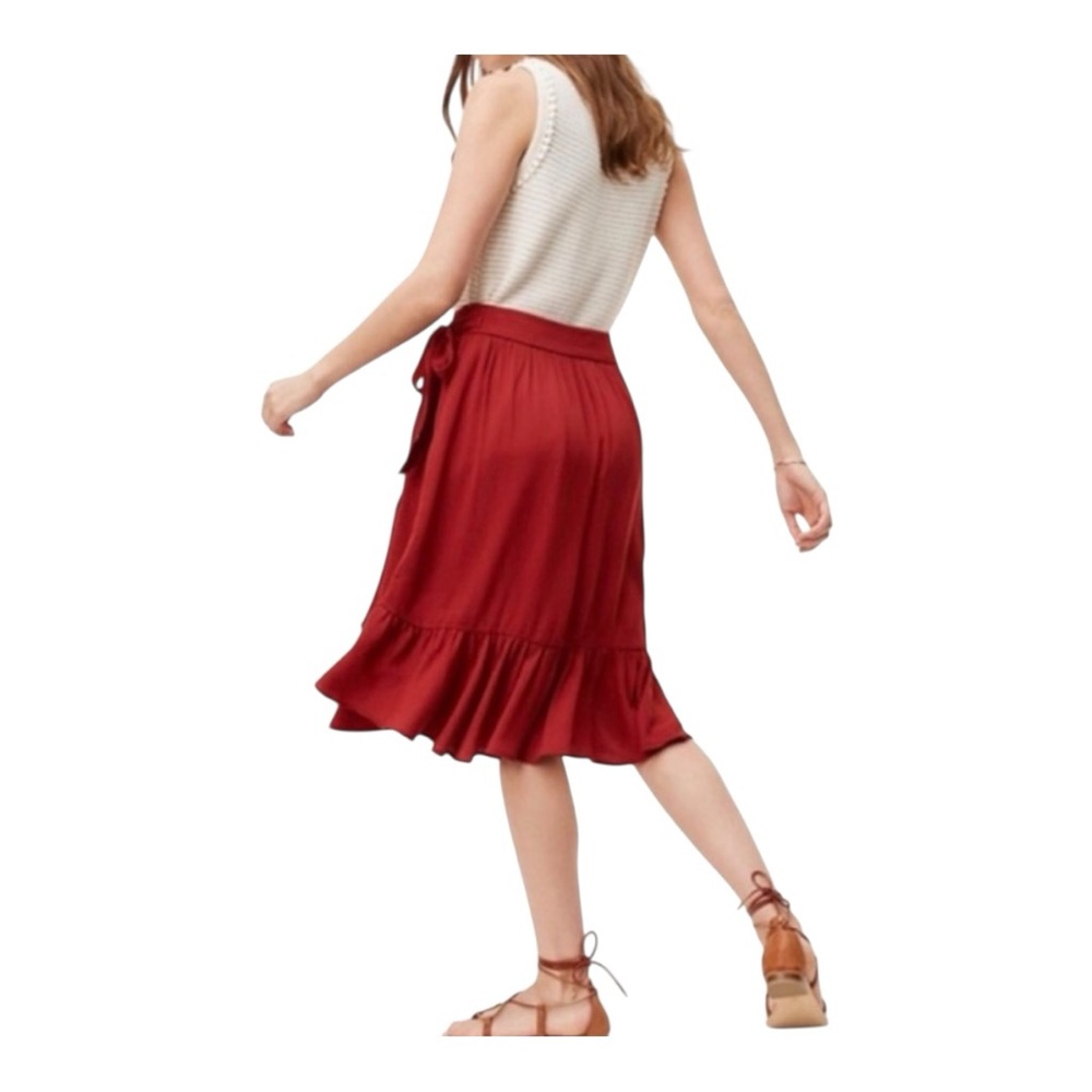 NWT LOFT Deep Red Ruffle Faux Wrap Skirt, Size 6, Burgundy, midi, flounce - Picture 2 of 15